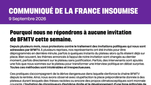 La France insoumise boycotte BFMTV cette semaine en dénonçant des "méthodes intolérables"