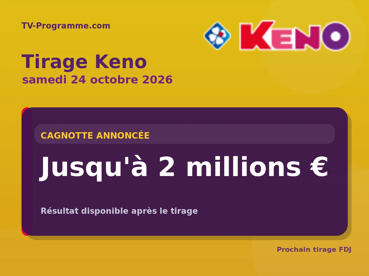Tirage Keno du Samedi 24 octobre 2026 : cagnotte Jusqu'à 2 millions